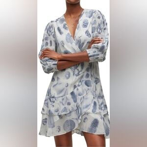 All Saints Ari Oceano Wrap Dress Size 6 White Blue Shell Print Ruffles New Tags